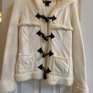 Cream Hooded Teddy Toggle Jacket with Ribbed Sleeves